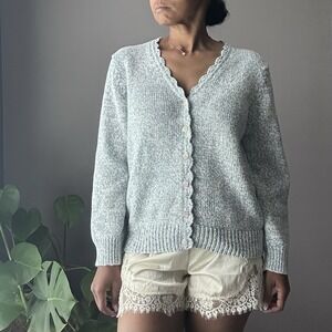 Vintage Leon Levin Cardigan Sweater Size XL Pastel Blue Cotton Scalloped Edge